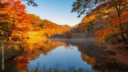 Stunning Autumn Landscape with Reflective Lake and Vibrant Foliage for Nature Design