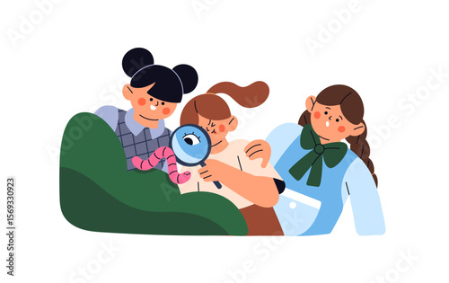 Cute children explore nature together. Happy kids discover world, research fauna and flora. Little girls look through magnifying glass at worm. Flat isolated vector illustration on white background