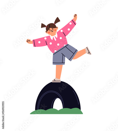 Cute kid has fun on playground in summer. Happy child balances on a leg on tire on kindergarten or school yard. Little girl plays outdoors. Flat isolated vector illustration on white background