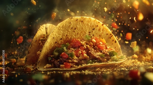 Delicious tacos with vibrant ingredients in motion.