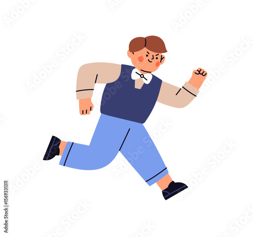 Cute little boy runs in sports race, has fun. Determined kid is reaching to win. Ambitious, confident child is rushing to success, victory. Flat isolated vector illustration on white background