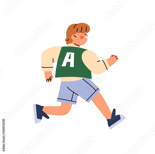 Happy kid runs on playground. Cute child is reaching to success, win. Little boy has fun, plays, rushing in sports race. Pupil contests, hurry up. Flat isolated vector illustration on white background