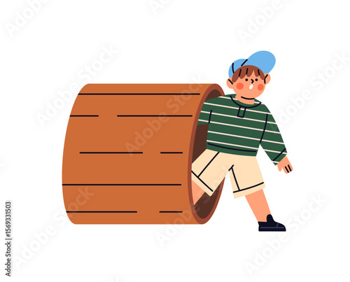 Surprised kid in cap looks outside hole in log. Shocked child is peeps, peeking out. Amazed, astonished cute little boy plays in park in summer. Flat isolated vector illustration on white background