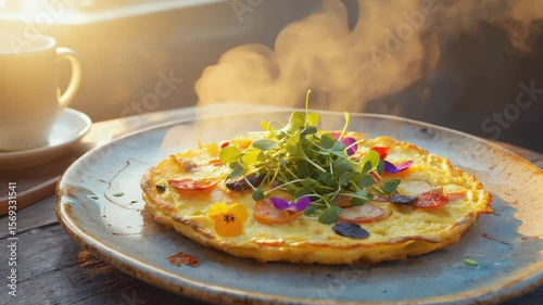 Gourmet Breakfast Frittata with Microgreens and Edible Flowers in Morning Light