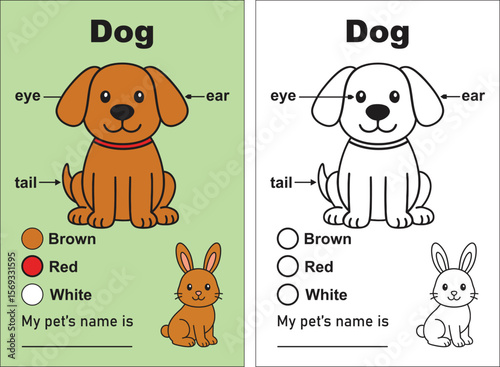 Dog and rabbit coloring page with color options and labeling of body parts on a green background