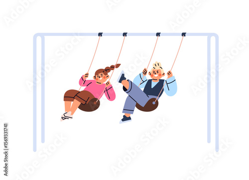 Happy children swing on playground together. Kids sit, ride on hanging board in park. Little friends play, have fun in kindergarten, school yard. Flat isolated vector illustration on white background