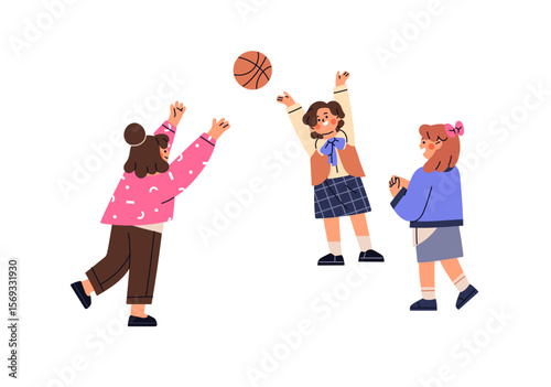 Happy children throw and catch ball on playground in park. Kids play sports game outdoors. Cute little girls have fun in school yard together. Flat isolated vector illustration on white background