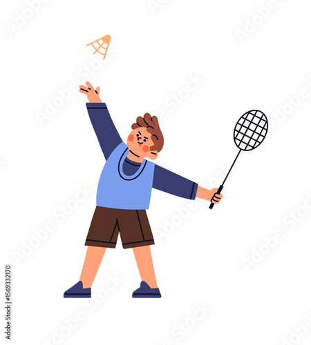 Cute child plays badminton outdoors. Happy kid throws into air shuttlecock to hit it with racket. Little boy is training, enjoy sports game on playground. Flat isolated vector illustration on white