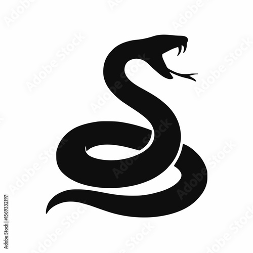 Coiled snake silhouette vector, striking serpent graphic, dangerous wild animal icon, minimal snake art, lifted head design, strong reptile shape, bold nature emblem, modern wild vector.