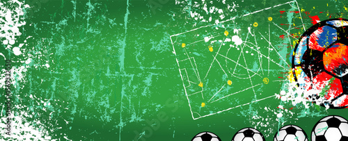 grungy soccer or football illustration with soccer balls and rough textures, great soccer event this year.  Free copy space