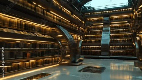 Futuristic library with curved metallic shelving, illuminated books