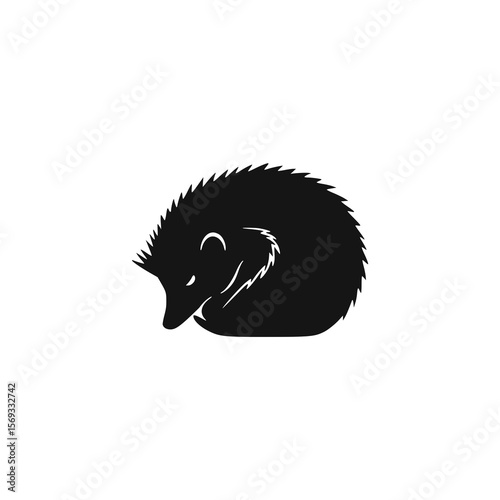 A stylized, black and white illustration of a curled-up hedgehog.