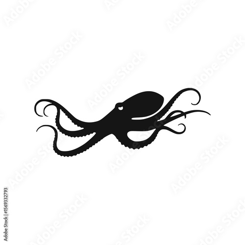 Silhouette of an octopus, gracefully swimming, eight arms outstretched.