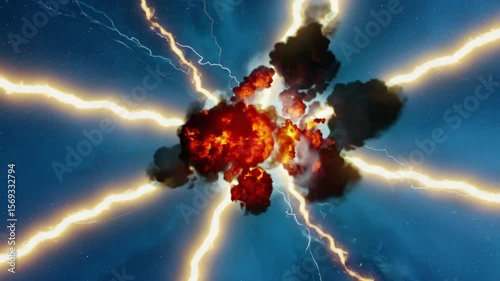 Dynamic Explosion with Fiery Bursts and Lightning Bolts in Space
