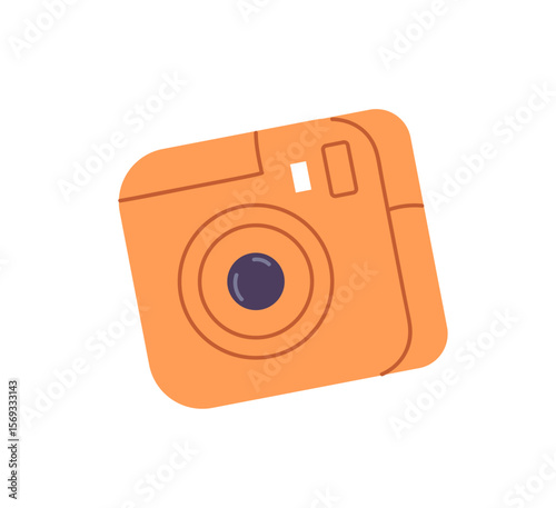 Icon of instant photo camera. Orange photocamera to make snapshot for memory. Device with lens for photography. Trendy photograph equipment. Flat isolated vector illustration on white background