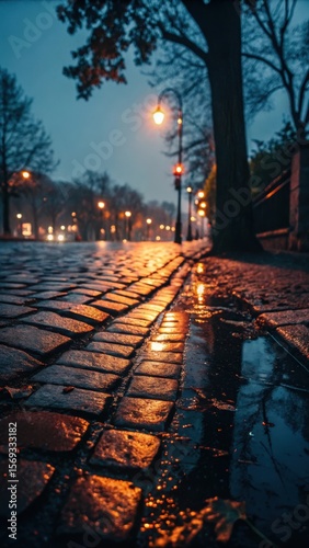 A cobblestone street illuminated by warm streetlights on a damp evening