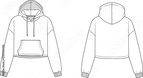  Cropped Oversized Hoodie Flat Sketch: Women's Fashion Apparel CAD Drawing, Technical Illustration for Design, Front and Back Views, Casual Urban Style, Sportswear Template