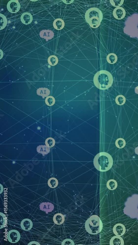 Animation of globe with connections and ai icons over computer servers