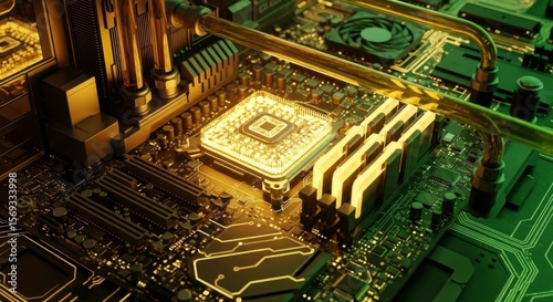 Close up of a computer circuit board with glowing processor and golden components. Digital technology and data processing concept.