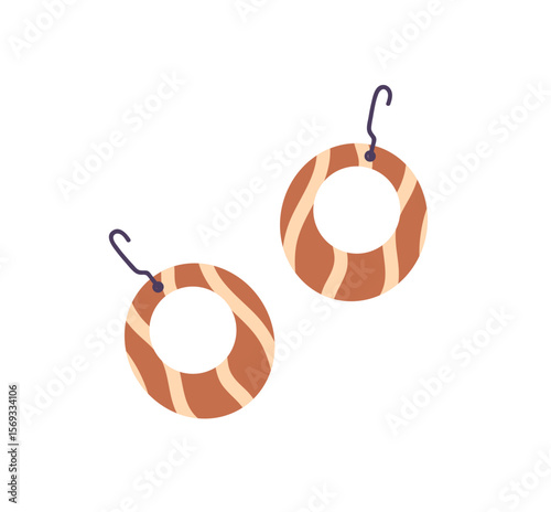 Icon striped round earrings. Fashion pair of rings, plastic jewelry, stylish bijou. Female accessory, patterned bijouterie, circle decoration. Flat isolated vector illustration on white background