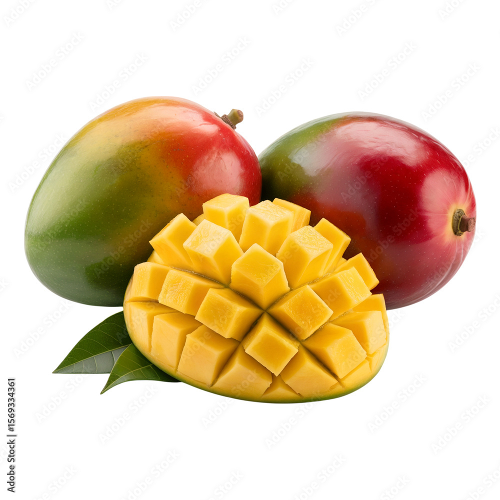 Two whole mangoes and a diced mango isolated on transparent background Two whole mangoes and a diced mango isolated on transparent background