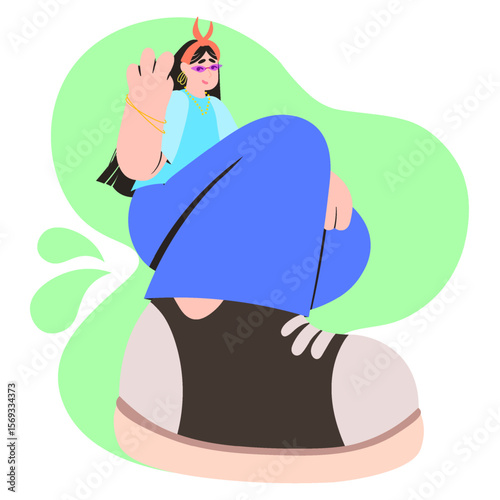 Cartoon girl sitting with relaxed pose wearing horn headband turquoise shirt and blue pants with long hair