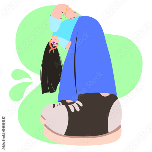 Stylized girl standing with head tilted down long black hair hanging forward wearing wide blue pants and light top