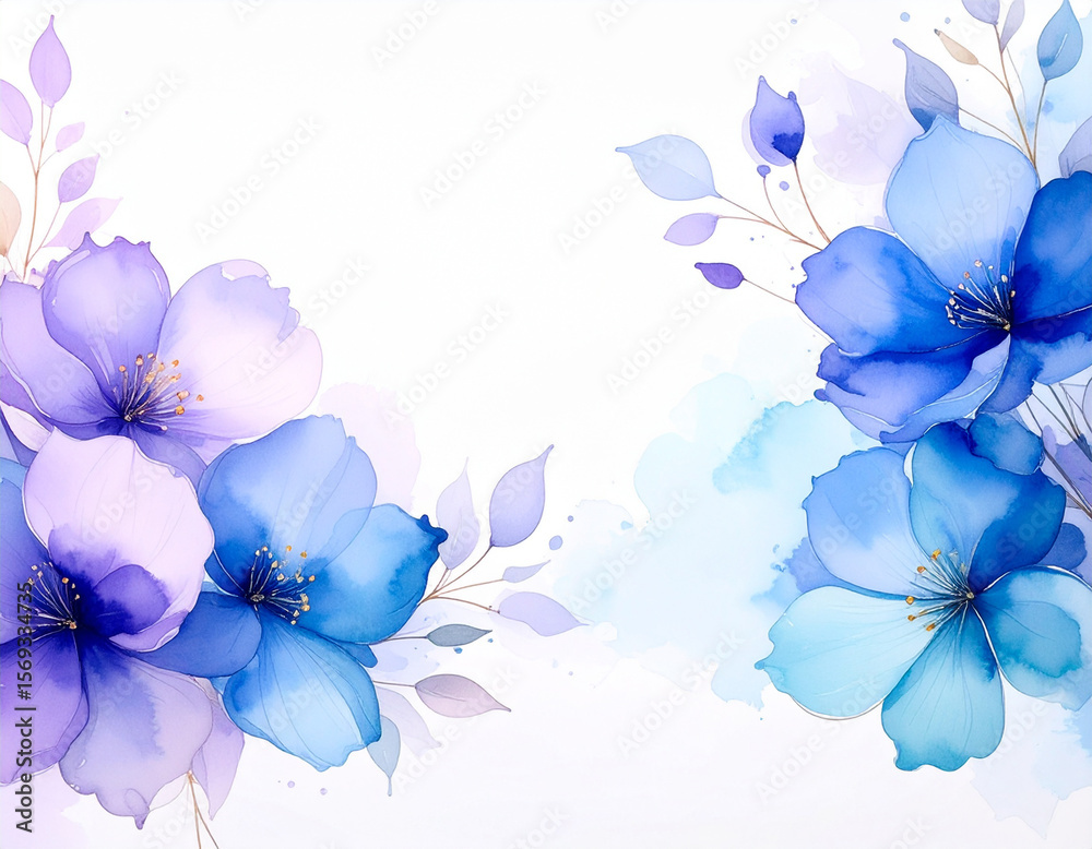 Obraz premium Delicate watercolor painting of blue and purple flowers, artistically arranged on a white background.
