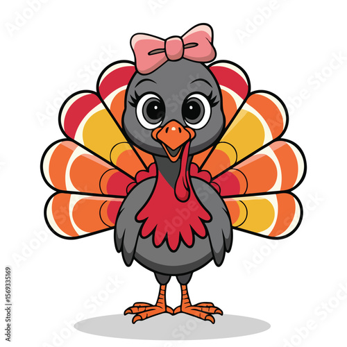 Cute cartoon turkey with pink bow bird animal