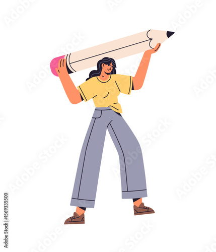 Tiny woman stands with hands up and holds big pencil. Little person carries huge stationery for writing. Girl raises large crayon, drawing tool. Flat isolated vector illustration on white background