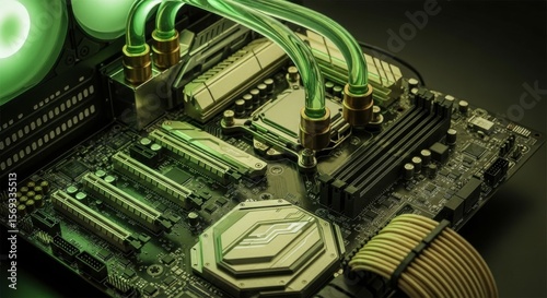 Close up of a computer motherboard with glowing green liquid cooling system tubes. High performance gaming pc hardware concept.