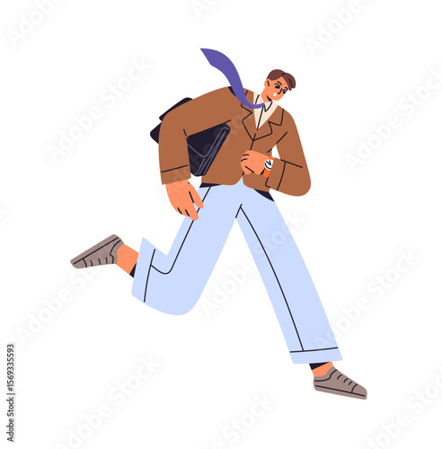 Businessman is late to work, running. Employee in suit looks at watches and hurry up. Office worker with briefcase is rushing. Time management. Flat isolated vector illustration on white background