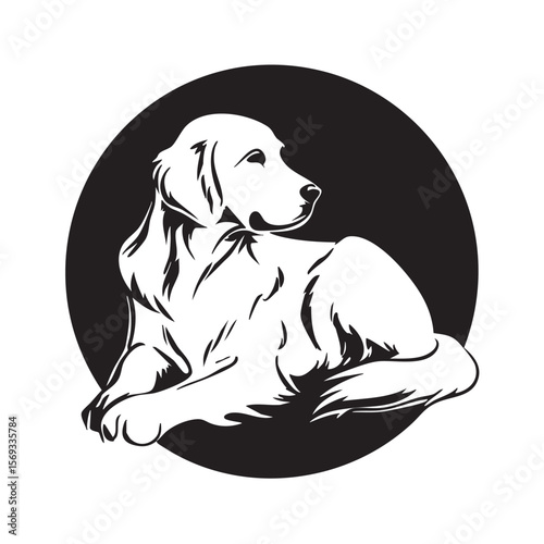  A white outline of a dog on a black circle.