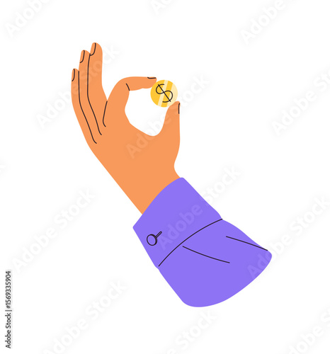 Human hand with gold coin. Person holds money, squeezes cent with fingers, pays with dollar. Finance, cash payment, currency exchange, saving of income. Flat isolated vector illustration on white