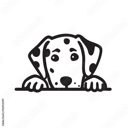 A cute dalmatian dog with spots peeking over a surface.