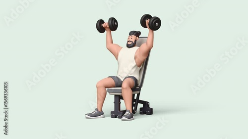 3d animation of handsome smiling bearded brunette man wears sportswear, gray shorts, white top, sneakers training with dumbbells in hands, sitting on bench for strength exercises on pastel background