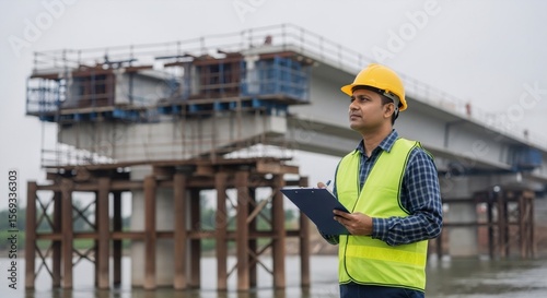 A male indian construction civil engineer checking and inspecting a bridge construction project. Professional at work, infrastructure development.