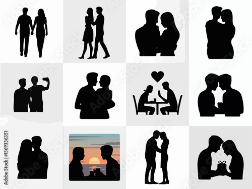 Collection of romantic couple silhouettes depicting various intimate moments and gestures of love and affection silhouette