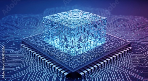 Quantum computing chip with glowing core inside a printed circuit board. Conceptual technology backdrop for data processing.