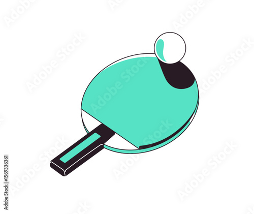 Icon of racket and ball for ping pong. Table tennis racquet to play game. Sports equipment for pingpong. Athletic accessories, tools for training. Flat isolated vector illustration on white background
