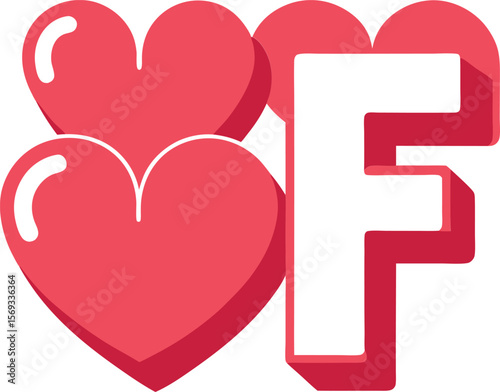 Letter F with Hearts: A cheerful illustration featuring the uppercase letter F adorned with two overlapping hearts, perfect for Valentine's Day designs or expressing affection.