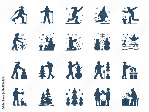 Collection of winter activities and holiday celebrations depicted as simple blue silhouettes on a white background