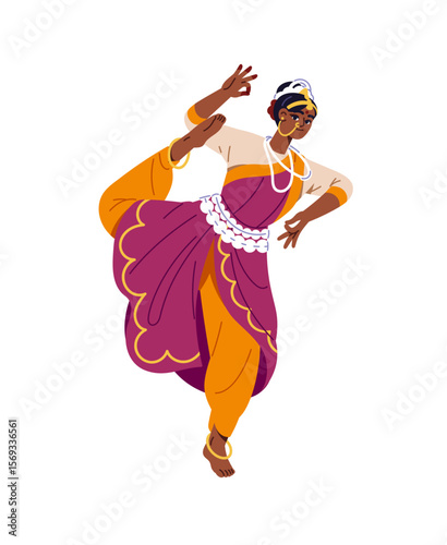 Black woman in traditional clothes shows national ethnic dance. Young Indian dancer performs, moves. Girl in sari, golden jewelry is in bharatanatyam pose. Flat isolated vector illustration on white