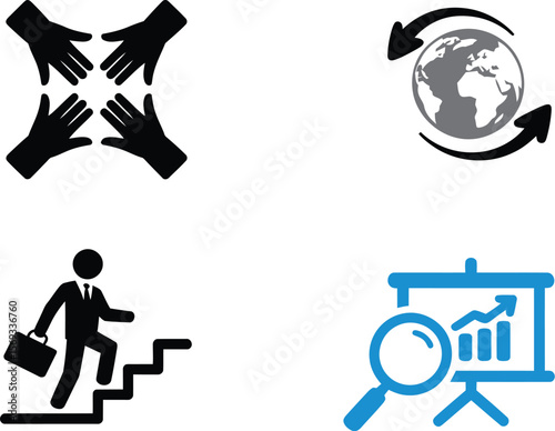 Business growth strategy global partnership teamwork success career development and data analysis icons set