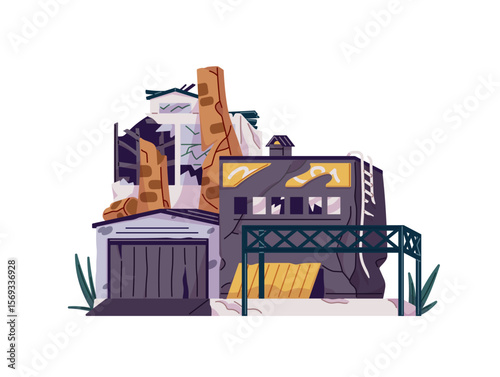 Destroyed building of factory with broken windows, collapse of walls. Damaged plant construction. Old ruins of manufactory after war, disaster. Flat isolated vector illustration on white background