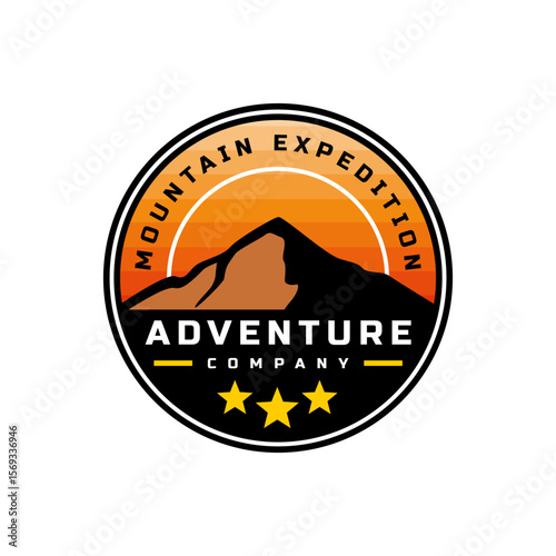 vintage mountain adventure sticker style logo. retro badge mountain expedition logo template.