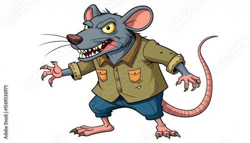 A menacing cartoon rat, anthropomorphized in tattered clothing, displays aggressive posture and bared teeth.