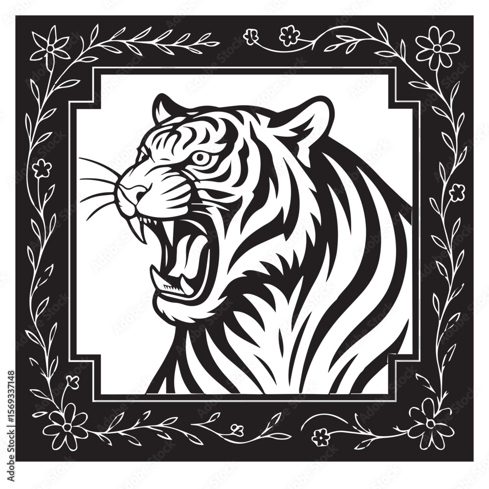 Obraz premium Tiger Roar Frame Fierce Animal Enclosed designed Border vector image