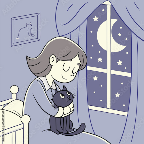 An illustration of a catgal tenderly holding her black cat on twilight in her cozy room to comfort her after her mom death, and the cat looking serene or affectionately alert