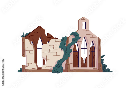 Ruins of old church. Abandoned damaged building with collapsed walls, roof. Broken ancient house. Destroyed city after natural disaster, war. Flat isolated vector illustration on white background